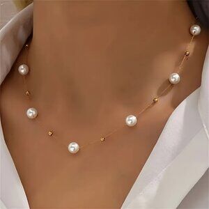 3/$35 Sheer Line Chain Faux Pearl & Gold Bead Floating Choker Necklace Jewelry